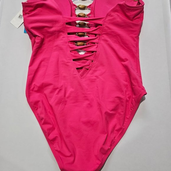 Bleu by Rod Beattie Beaded-Cutout One-Piece Swimsuit Rose Red Size 14 - Picture 9 of 14